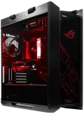 ASUS ROG Strix Helios GX601 gaming PC case with red RGB lighting, showcasing internal components through the tempered glass side panel.