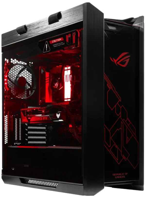 ASUS ROG Strix Helios GX601 gaming PC case with red RGB lighting, showcasing internal components through the tempered glass side panel.