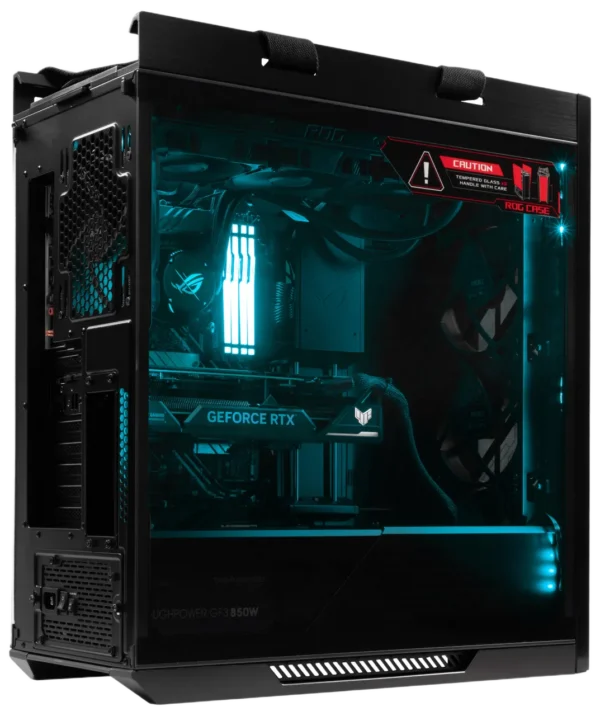ASUS ROG Strix Helios GX601 gaming PC with cyan blue RGB lighting, revealing liquid cooling system and GeForce RTX graphics card.