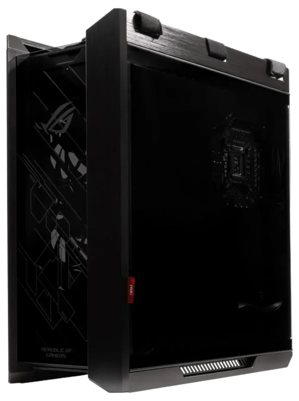 Angled side view of the ASUS ROG Strix Helios GX601 case, highlighting its smoked tempered glass side panel and brushed aluminum frame.