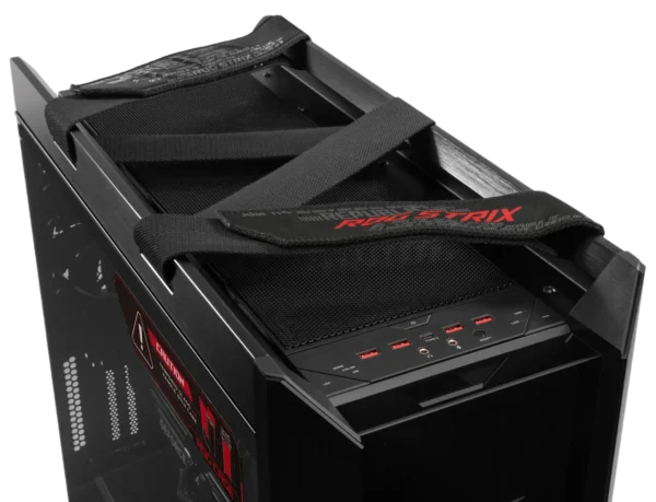 Top view of the ASUS ROG Strix Helios GX601 case showing the stylish fabric carry handles and front I/O panel.