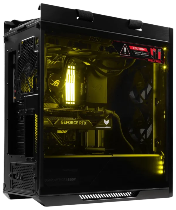 ASUS ROG Strix Helios GX601 gaming PC illuminated with bright yellow RGB lighting, showcasing internal components including a GeForce RTX card.