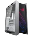 ASUS ROG Strix Helios GX601 White Edition gaming PC case, angled view showing white interior, tempered glass side panel, and RGB front panel.