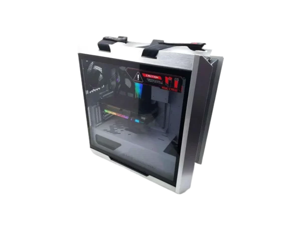 ASUS ROG Strix Helios GX601 White Edition PC build with RGB components visible through the tempered glass side panel and carry straps on top.