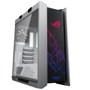 ASUS ROG Strix Helios GX601 White Edition gaming PC case, angled view showing white interior, tempered glass side panel, and RGB front panel.