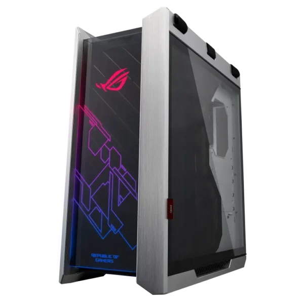 Angled side view of ASUS ROG Strix Helios White Edition PC case with tempered glass side panel showing internal component space.