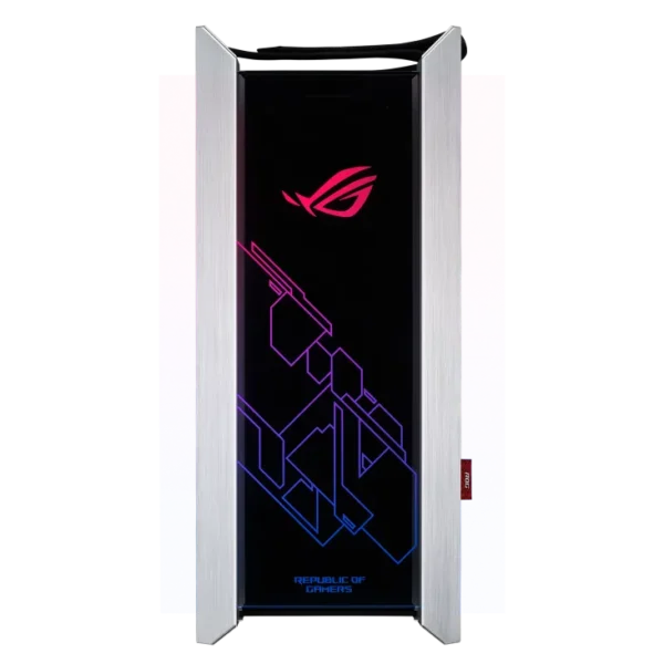 Front view of ASUS ROG Strix Helios White Edition PC case displaying the customizable Aura Sync RGB lighting on the front panel.