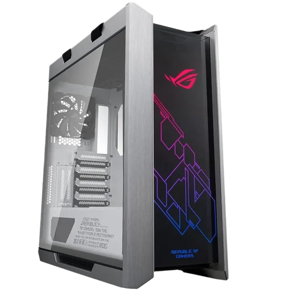 ASUS ROG Strix Helios GX601 White Edition gaming PC case, angled view showing white interior, tempered glass side panel, and RGB front panel.