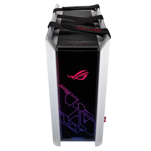 Top-front angled view of ASUS ROG Strix Helios White Edition PC case highlighting its carrying handles and front panel RGB lighting