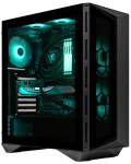 Angled side view of an MSI MPG GUNGNIR 110R mid-tower case with teal RGB lighting, showing internal components through the tempered glass.