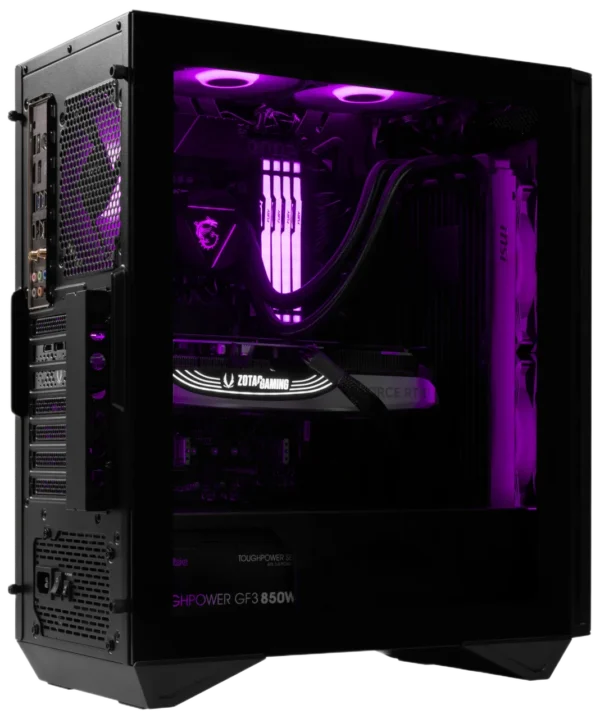 Interior view of an MSI MPG GUNGNIR 110R mid-tower case with purple RGB lighting showcasing a ZOTAC Gaming graphics card and RGB RAM.