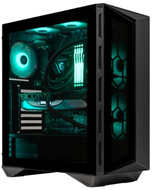 Angled side view of an MSI MPG GUNGNIR 110R mid-tower case with teal RGB lighting, showing internal components through the tempered glass.