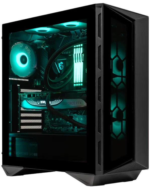 Angled side view of an MSI MPG GUNGNIR 110R mid-tower case with teal RGB lighting, showing internal components through the tempered glass.