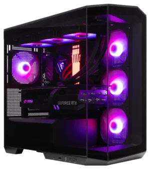 MSI MAG PANO M100R gaming PC with purple RGB lighting and tempered glass side panel