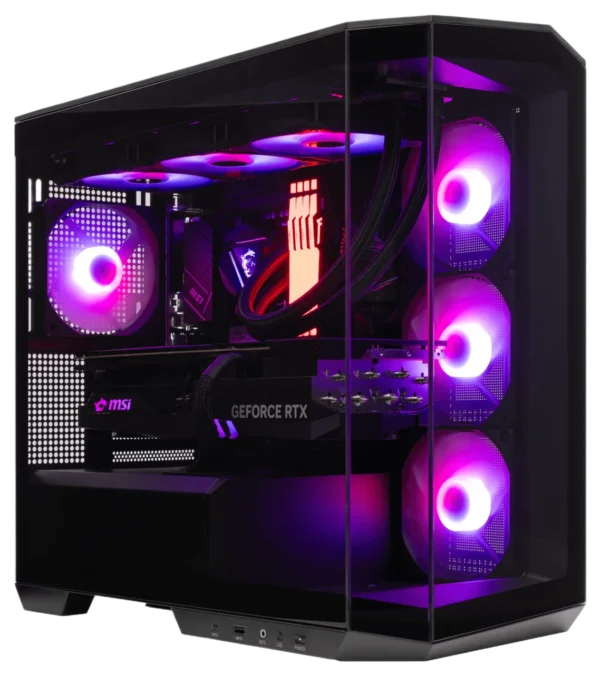 MSI MAG PANO M100R gaming PC with purple RGB lighting and tempered glass side panel