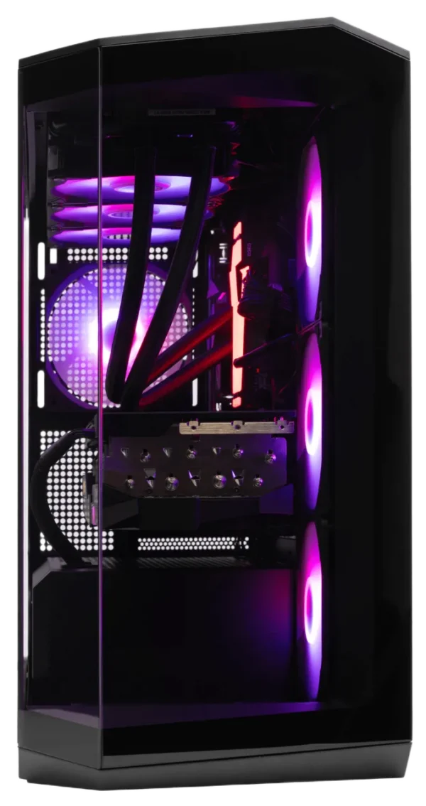 Front-angle view of MSI MAG Pano M100R PC case with vertical GPU and RGB fans