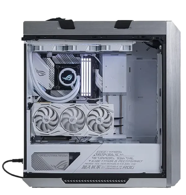 Interior side view of an ASUS ROG Strix Helios GX601 White Edition gaming PC, showcasing an all-white build with a ROG graphics card and AIO cooler.