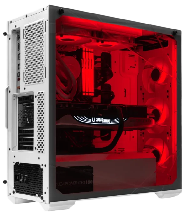 High-performance gaming PC with red LED lighting and ZOTAC GeForce RTX GPU in a white Cooler Master TD500 case.