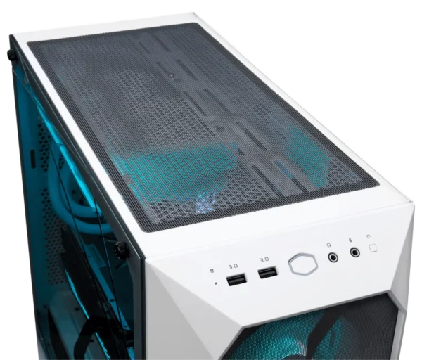 Top view of white Cooler Master TD500 PC case with mesh dust filter and dual USB 3.0 ports.