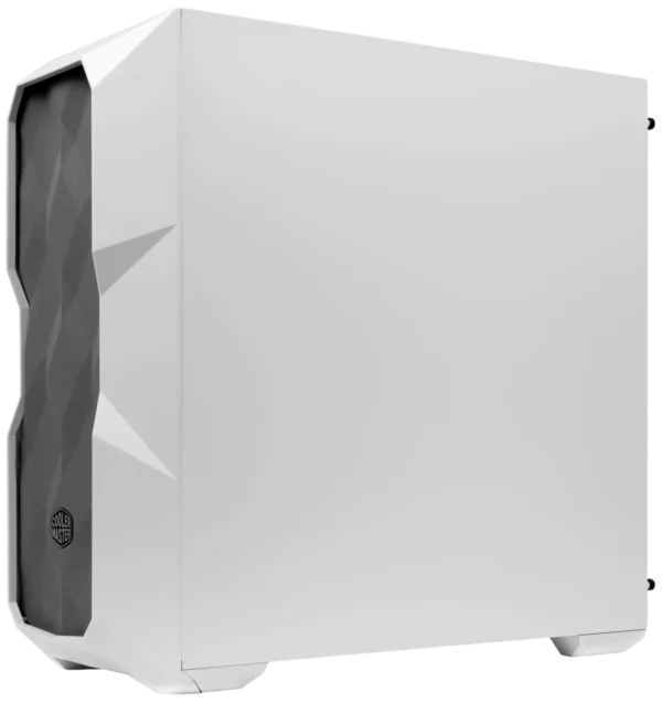 Side view of minimalist white Cooler Master TD500 PC case with solid side panel and mesh front.