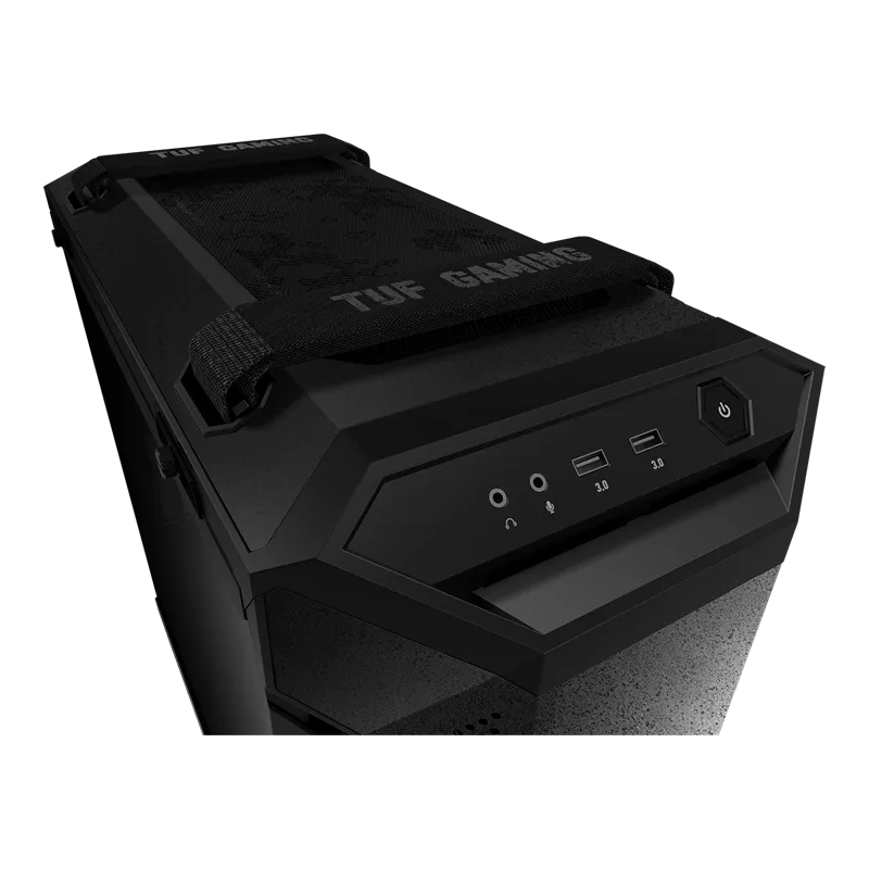 Top I/O panel of the ASUS TUF GT501 with carrying strap