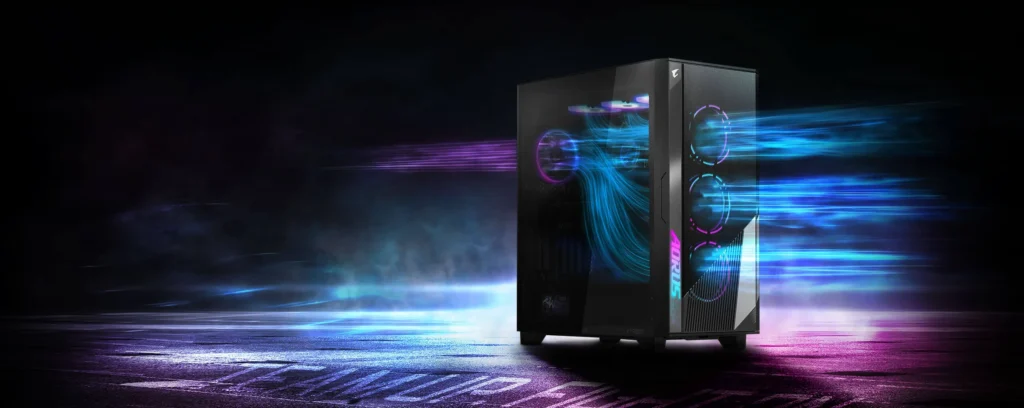 AORUS C500 with RGB fans and airflow visualized in a performance showcase.
