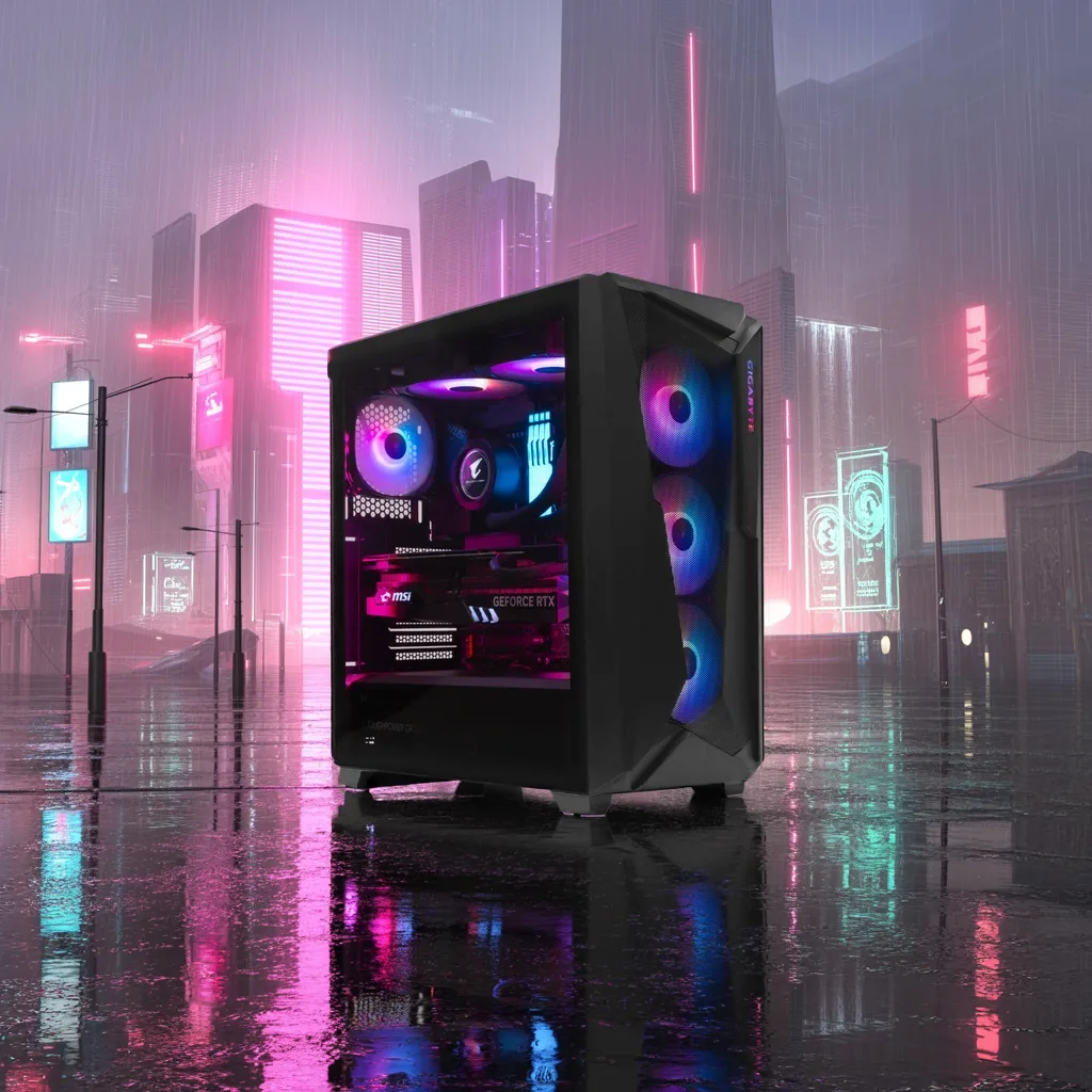 ArsenalPC custom gaming PC with RGB lighting featuring RTX graphics card in cyberpunk city setting