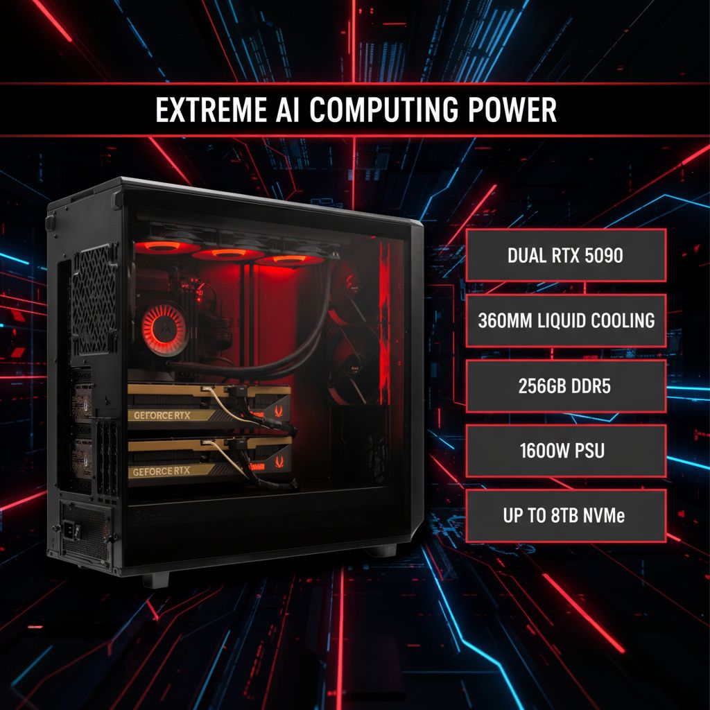 Extreme AI computing power workstation with dual NVIDIA GeForce RTX 5090 GPUs, 360mm liquid cooling, 256GB DDR5 memory, and up to 8TB NVMe SSD storage