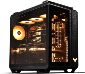 ASUS TUF GT502 case with fully assembled custom PC build and golden RGB lighting.