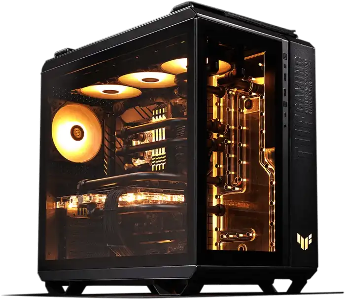 ASUS TUF GT502 case with fully assembled custom PC build and golden RGB lighting.