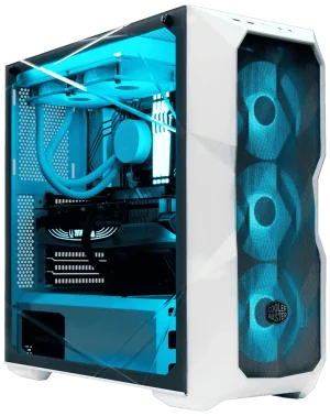 White Cooler Master TD500 Mesh V2 gaming PC case with three front RGB fans and tempered glass side panel