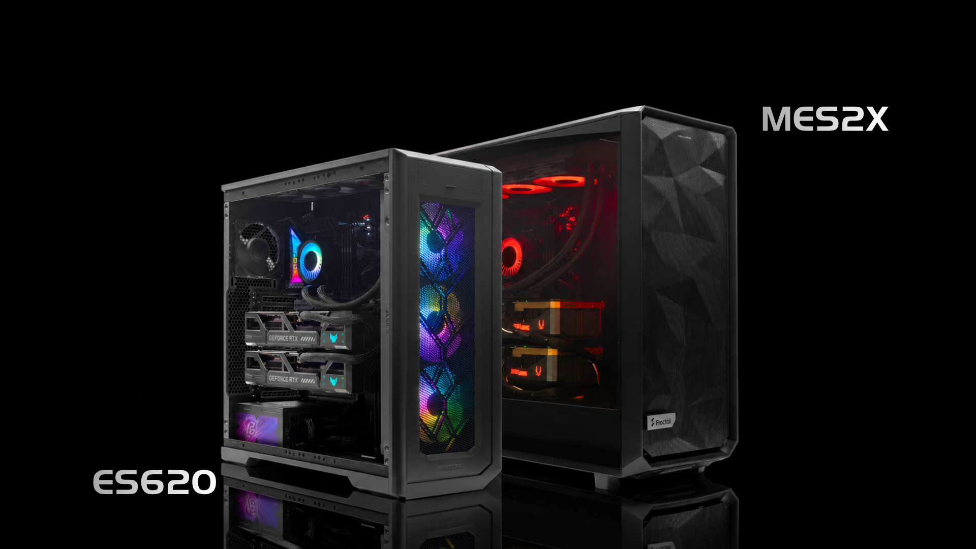 Side-by-side photo of the MES2X vs ES620 cases showing their physical size difference and motherboard tray access