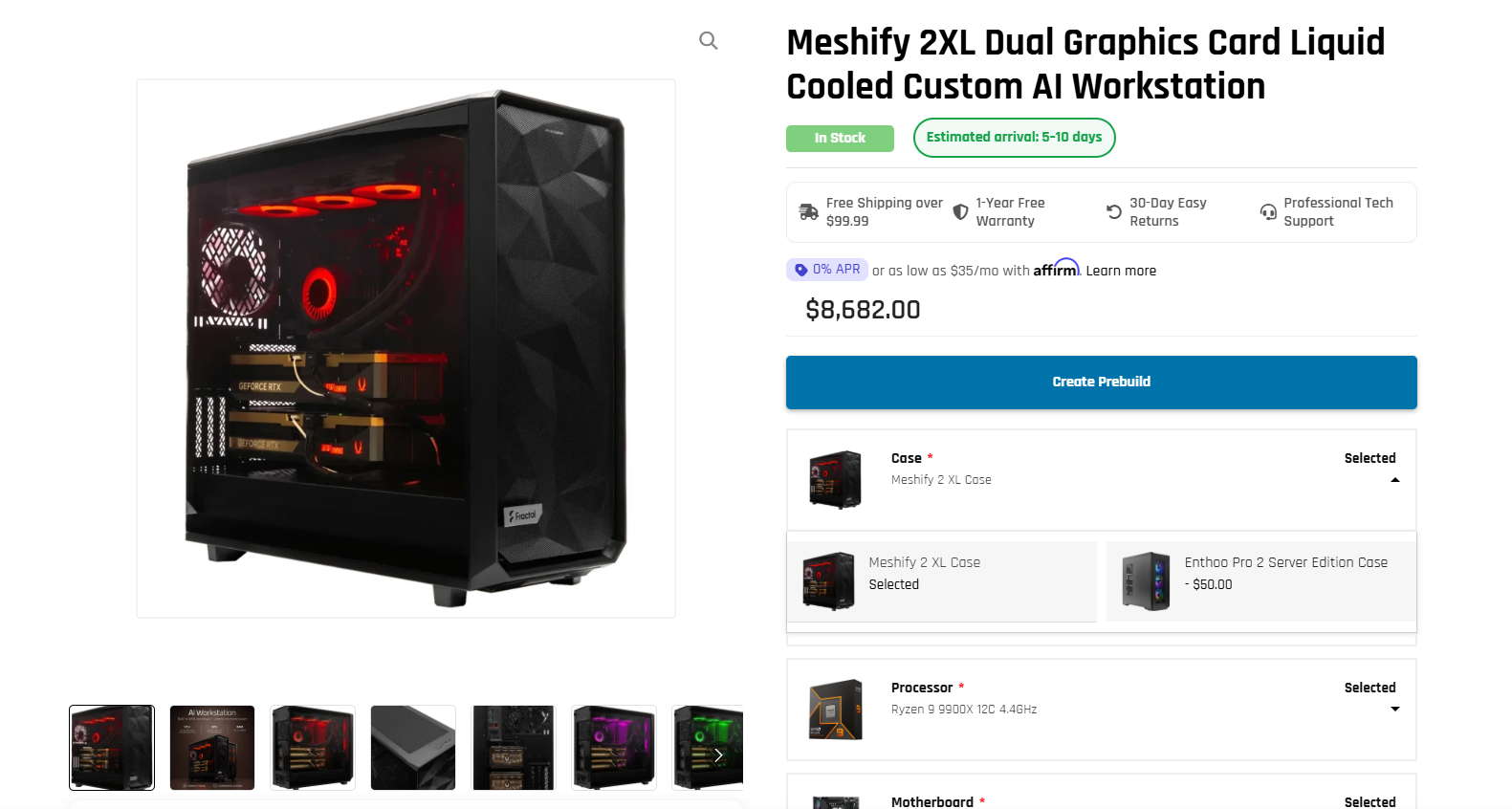 ArsenalPC MES2X configuration options showing GPU, CPU, RAM, and storage tier choices
