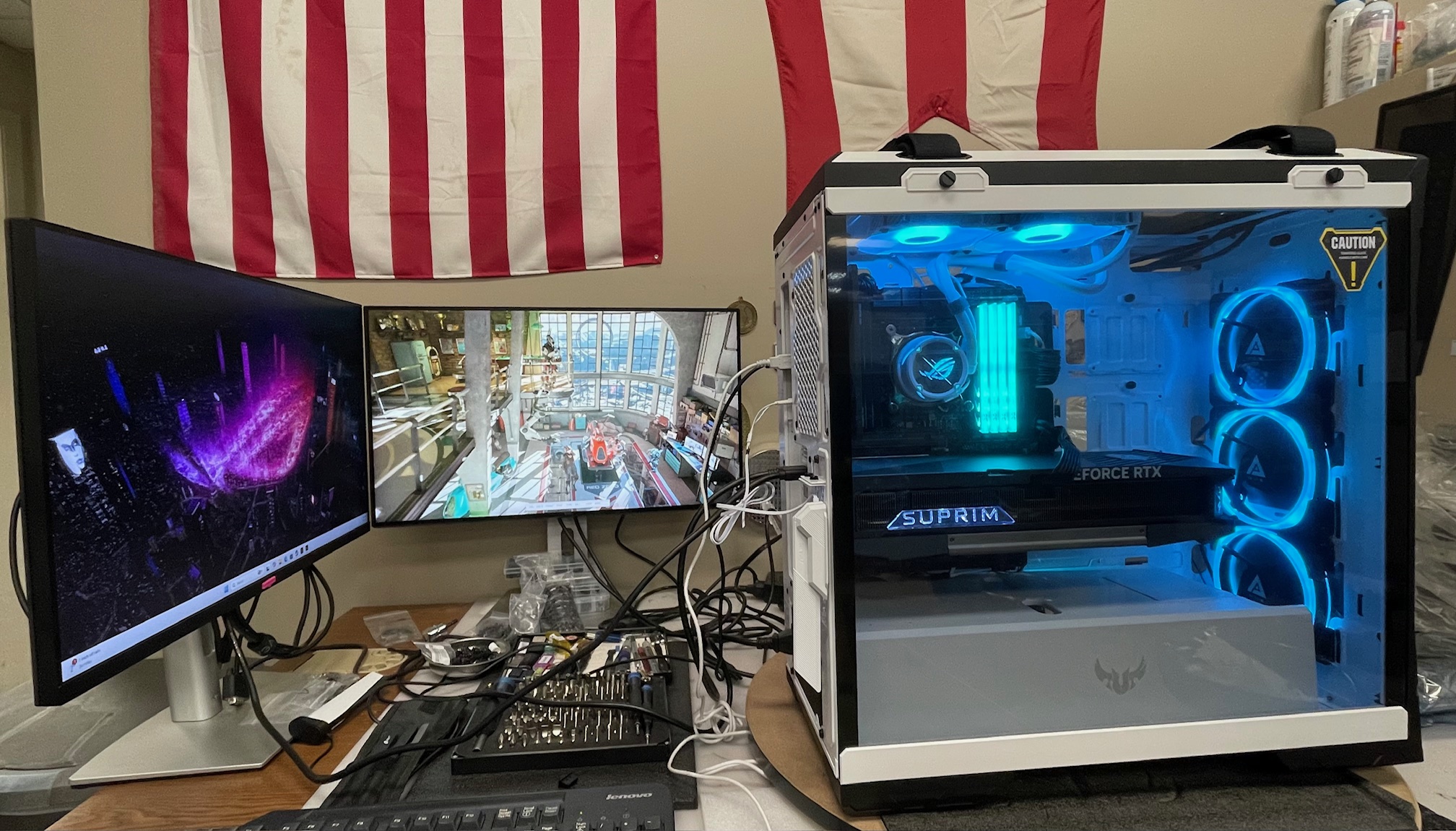 ArsenalPC technician running stress-test software on a high-end workstation build in the Willoughby, Ohio lab