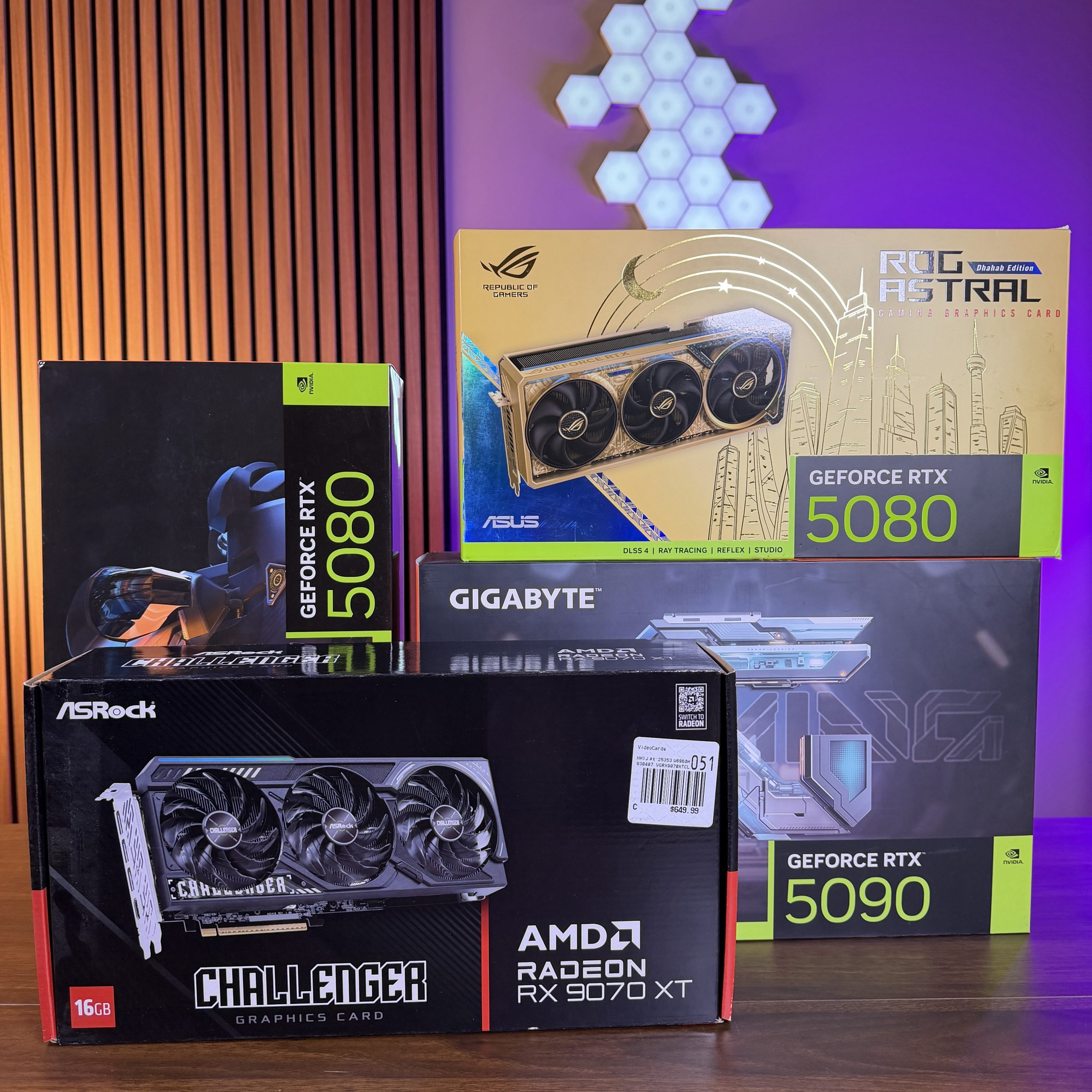 Nvidia RTX 50-series GPU lineup displayed side by side showing RTX 5090, 5080, and 5070 Ti cards