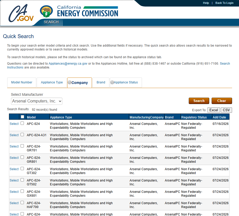 Screenshot of the CEC MAEDbS public database search interface showing an ArsenalPC model listing