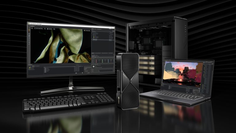 RTX PRO Blackwell graphics card beside a workstation tower, monitor, keyboard and laptop on a dark background
