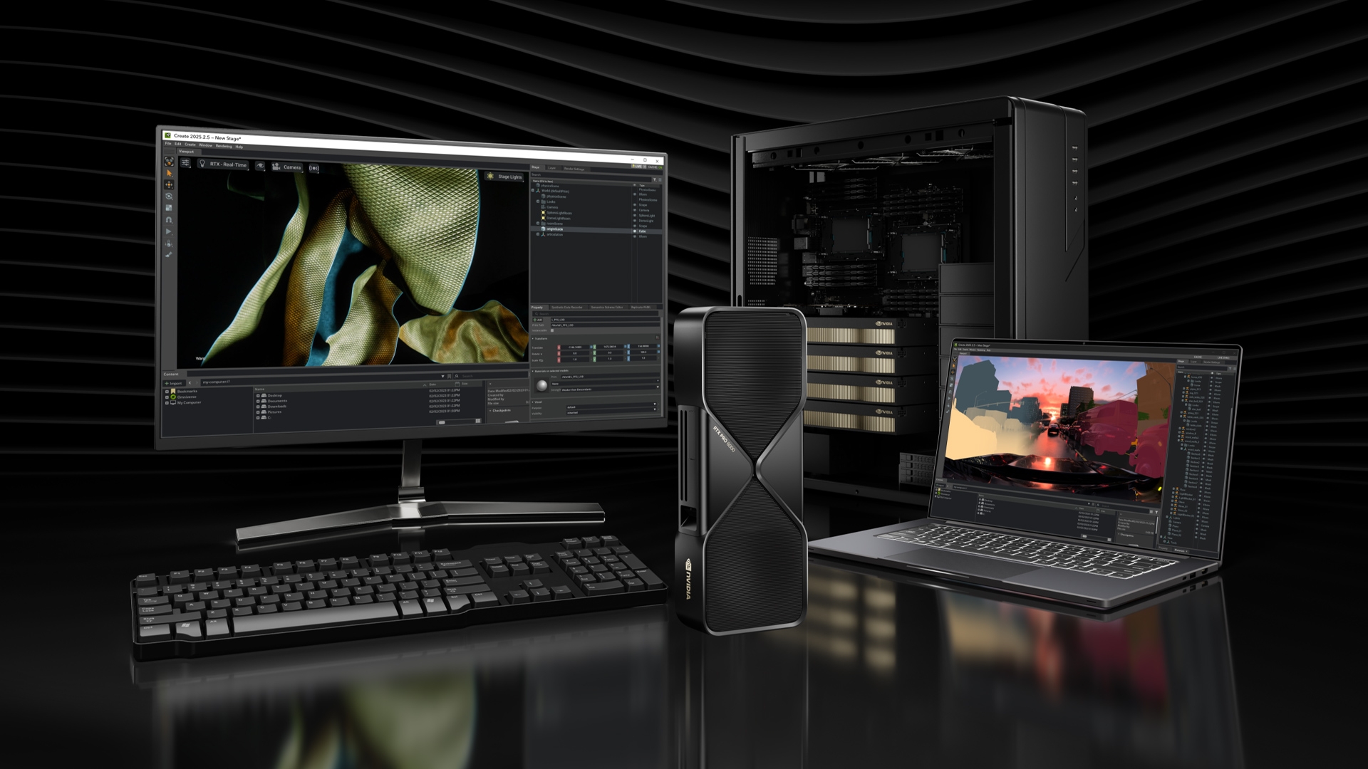 RTX PRO Blackwell graphics card beside a workstation tower, monitor, keyboard and laptop on a dark background