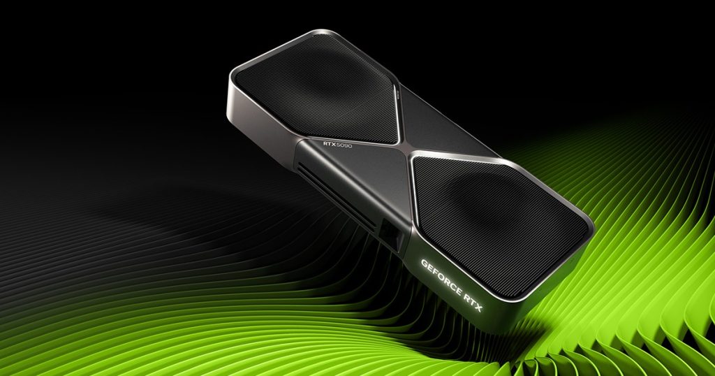 NVIDIA GeForce RTX graphics card on a black background with green wave lines