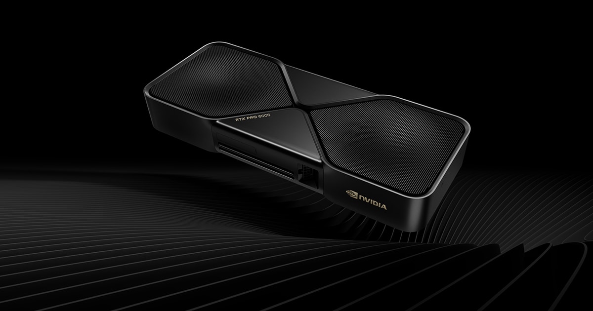 Black RTX PRO 6000 Blackwell Workstation Edition card with flow-through cooler on a dark wave background