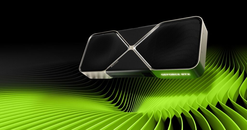 GeForce RTX Founders Edition graphics card floating above green wave pattern on black background