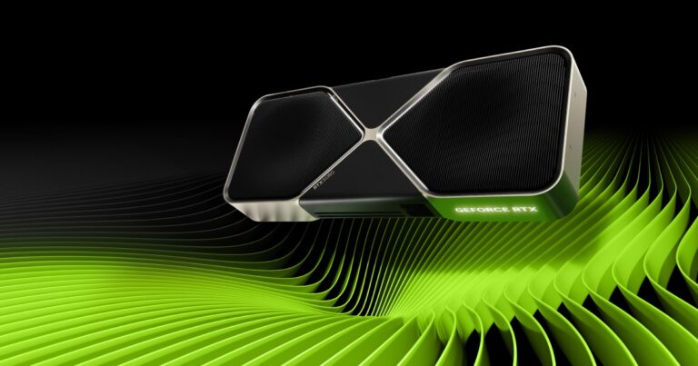 GeForce RTX Founders Edition graphics card floating above green wave pattern on black background