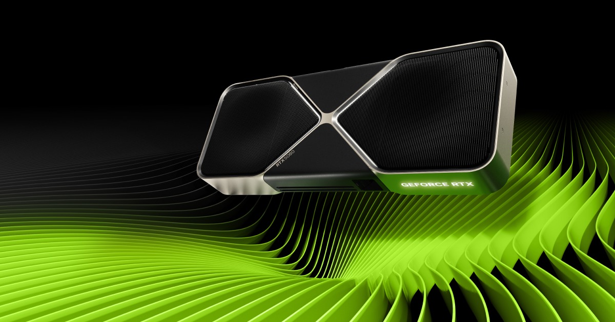 GeForce RTX Founders Edition graphics card floating above green wave pattern on black background