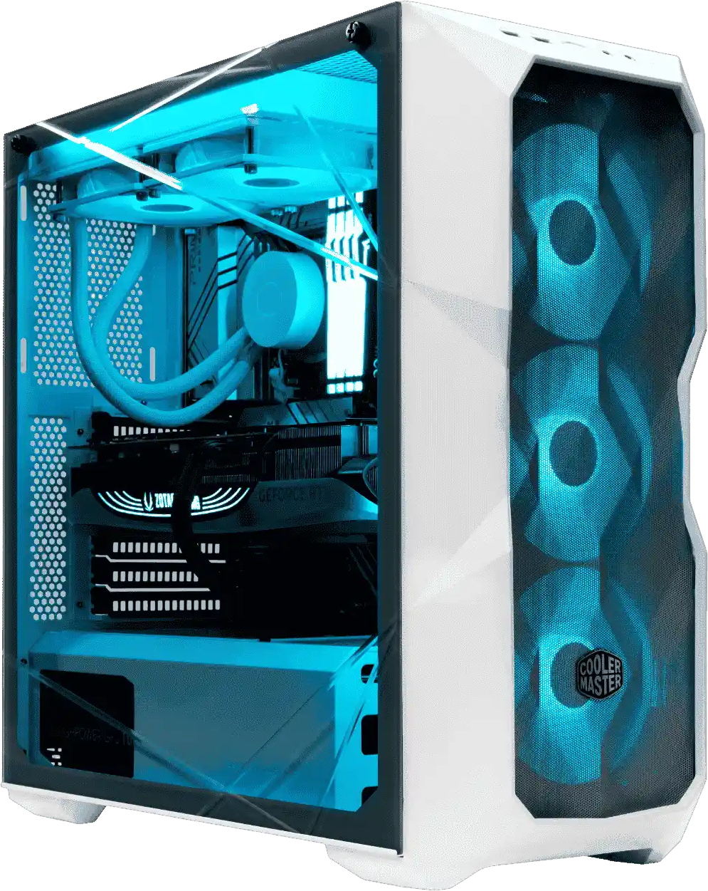 White Cooler Master TD500 custom gaming PC with blue-lit fans and liquid cooler